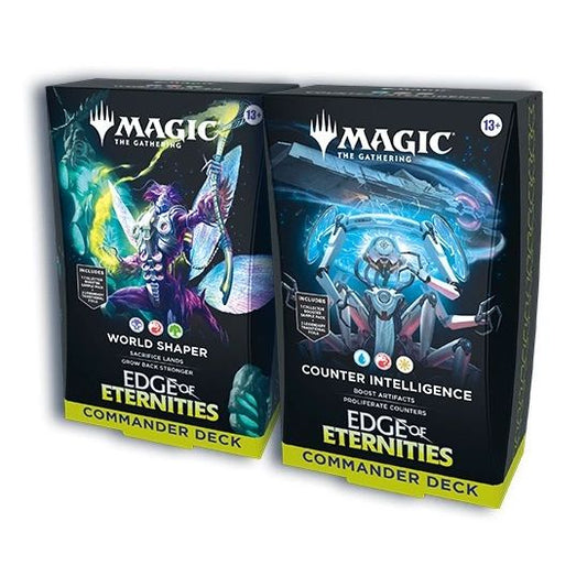 Release Date: 08/01/2025
This bundle includes 1 of each Edge of Eternities Commander Deck, with 1 World Shaper decks and 1 Counter Intelligence decks. Each includes 1 deck of 100 Magic cards (98 nonfoil cards and 2 Traditional Foil Borderless Legendary cards), a 2-card Collector Booster Sample Pack (contains 1 Traditional Foil or nonfoil alt-border card of rarity Rare or higher and 1 Traditional Foil Uncommon card), 10 double-sided tokens, 1 deck box (can hold 100 sleeved cards), 1 strategy insert, and 1 re