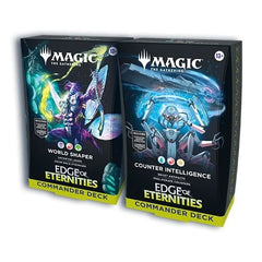 Release Date: 08/01/2025
This bundle includes 1 of each Edge of Eternities Commander Deck, with 1 World Shaper decks and 1 Counter Intelligence decks. Each includes 1 deck of 100 Magic cards (98 nonfoil cards and 2 Traditional Foil Borderless Legendary cards), a 2-card Collector Booster Sample Pack (contains 1 Traditional Foil or nonfoil alt-border card of rarity Rare or higher and 1 Traditional Foil Uncommon card), 10 double-sided tokens, 1 deck box (can hold 100 sleeved cards), 1 strategy insert, and 1 re