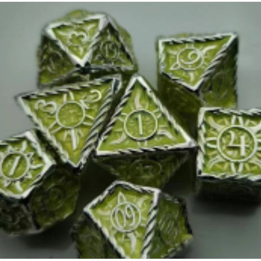 The perfect companion for your gaming needs! These premium die-cast polyhedral dice are exactly what you've been searching for that upcoming game night with the group. Stored in a quality, brushed metal tin with foam insert. These dice are a rich metal with nice weight to them and engraved each with crisp, easy-to-read numerals. Many styles and colors are available.
This set includes one of each: d20, d12, d10, d10 (percentile), d8, d6, and a d4 (7 dice in total). All inside the Galactic Toys Dice Tin.