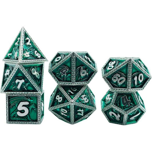 The perfect companion for your gaming needs! These premium die-cast polyhedral dice are exactly what you've been searching for that upcoming game night with the group. Each set weighs roughly 5 ounces and are stored in a quality, brushed metal tin with foam insert. These dice are engraved with crisp, easy-to-read numerals. Many styles and colors are available.
This set includes on of each: d20, d12, d10, d10 (percentile), d8, d6, and a d4 (7 dice in total). All inside the Galactic Toys Dice Tin.