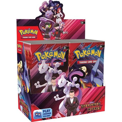 Each Scarlet & Violet— Destined Rivals booster box contains 36 booster packs. (Each pack contains 10 random cards)
Whose Side Are You On? Pokemon Trainers, be on high alert! The nefarious Team Rocket is setting its latest plan into motion, and heroic Trainers are racing to stop it. Join forces with the likes of Cynthia and Garchomp ex, Ethan and Ho-Oh ex, or Arven and Mabosstiff ex... Or reconsider your loyalties and fight alongside Team Rocket's Pokemon like Mewtwo ex- under the command of Giovanni! Choos