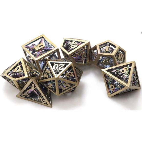 The perfect companion for your gaming needs! These premium dice are exactly what you've been searching for that upcoming game night with the group. Stored in a quality, brushed metal tin with foam insert. These dice are engraved with crisp, easy-to-read numerals. Many styles and colors are available.
This set includes on of each: d20, d12, d10, d10 (percentile), d8, d6, and a d4 (7 dice in total). All inside the Galactic Toys Dice Tin.