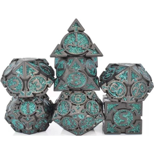 The perfect companion for your gaming needs! These premium die-cast polyhedral dice are exactly what you've been searching for that upcoming game night with the group. Stored in a quality, brushed metal tin with foam insert. These dice are a rich metal with nice weight to them and engraved each with crisp, easy-to-read numerals. Many styles and colors are available.
This set includes one of each: d20, d12, d10, d10 (percentile), d8, d6, and a d4 (7 dice in total). All inside the Galactic Toys Dice Tin.