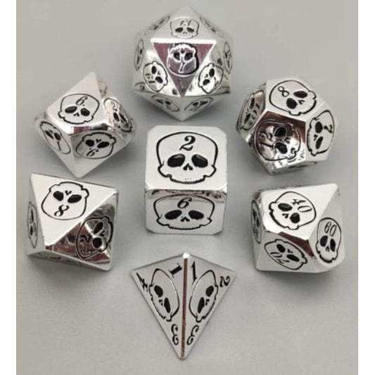 The perfect companion for your gaming needs! These premium die-cast polyhedral dice are exactly what you've been searching for that upcoming game night with the group. Stored in a quality, brushed metal tin with foam insert. These dice are a rich metal with nice weight to them and engraved each with crisp, easy-to-read numerals. Many styles and colors are available.
This set includes one of each: d20, d12, d10, d10 (percentile), d8, d6, and a d4 (7 dice in total). All inside the Galactic Toys Dice Tin.