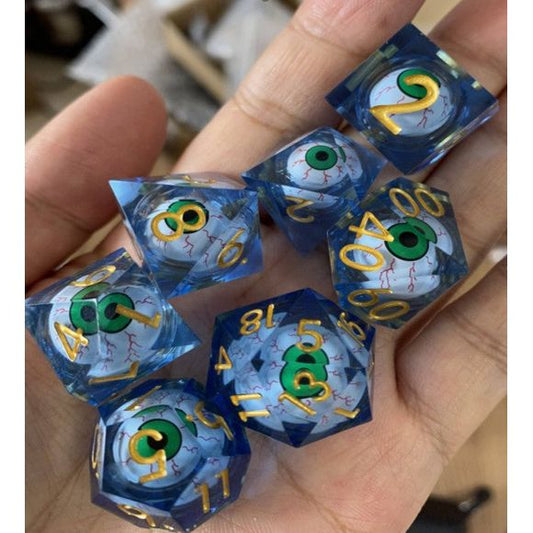 The perfect companion for your gaming needs! These premium, high-end resin are exactly what you've been searching for that upcoming game night with the group. These dice are quality resin with nice weight to them and engraved each with crisp, easy-to-read numerals. Many styles and colors are available.
This set includes one of each: d20, d12, d10, d10 (percentile), d8, d6, and a d4 (7 dice in total)! 
WARNING: These dice are extra sharp! Use with caution