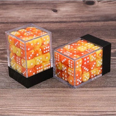 36 individual D6 dice in a container.