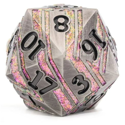 The perfect companion for your gaming needs! These premium die-cast polyhedral dice are exactly what you've been searching for that upcoming game night with the group. These dice are engraved with crisp, easy-to-read numerals. This particular D20 glitters with galaxy-like metal.