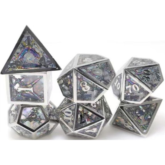 The perfect companion for your gaming needs! These premium dice are exactly what you've been searching for that upcoming game night with the group. Stored in a quality, brushed metal tin with foam insert. These dice are engraved with crisp, easy-to-read numerals. Many styles and colors are available.
This set includes on of each: d20, d12, d10, d10 (percentile), d8, d6, and a d4 (7 dice in total). All inside the Galactic Toys Dice Tin.