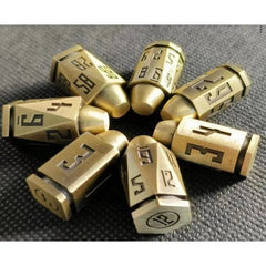 The perfect companion for your gaming needs! These premium, high-end metal bullet dice are exactly what you've been searching for that upcoming game night with the group. These dice are quality metal with nice weight to them and engraved each with crisp, easy-to-read numerals. Many styles and colors are available.
This set includes one of each: d20, d12, d10, d10 (percentile), d8, d6, and a d4 (7 dice in total)!