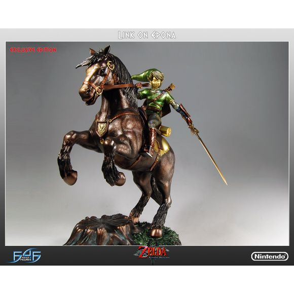 This was a replacement/sample statue and not numbered, but is in new and unopened condition.
As he fights against the evil forces of Zant, Link can summon his faithful horse, Epona, by playing Epona's Song on a special piece of Horse Grass. In the last fight against Ganondorf, Link and Princess Zelda must ride to battle on Epona, leading to the final showdown.
Each piece is individually painted and finished to exacting standards. They are an amazing addition to your Zelda display.
They measure approximat