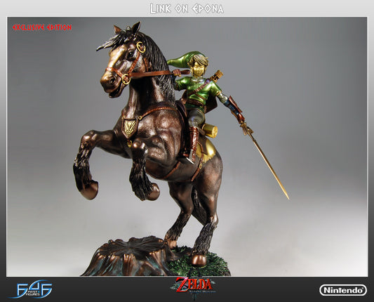 This was a replacement/sample statue and not numbered, but is in new and unopened condition.
As he fights against the evil forces of Zant, Link can summon his faithful horse, Epona, by playing Epona's Song on a special piece of Horse Grass. In the last fight against Ganondorf, Link and Princess Zelda must ride to battle on Epona, leading to the final showdown.
Each piece is individually painted and finished to exacting standards. They are an amazing addition to your Zelda display.
They measure approximat