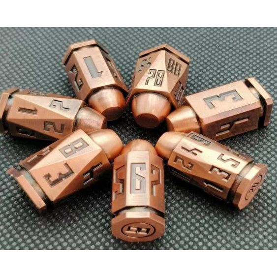 The perfect companion for your gaming needs! These premium, high-end metal bullet dice are exactly what you've been searching for that upcoming game night with the group. These dice are quality metal with nice weight to them and engraved each with crisp, easy-to-read numerals. Many styles and colors are available.
This set includes one of each: d20, d12, d10, d10 (percentile), d8, d6, and a d4 (7 dice in total)!