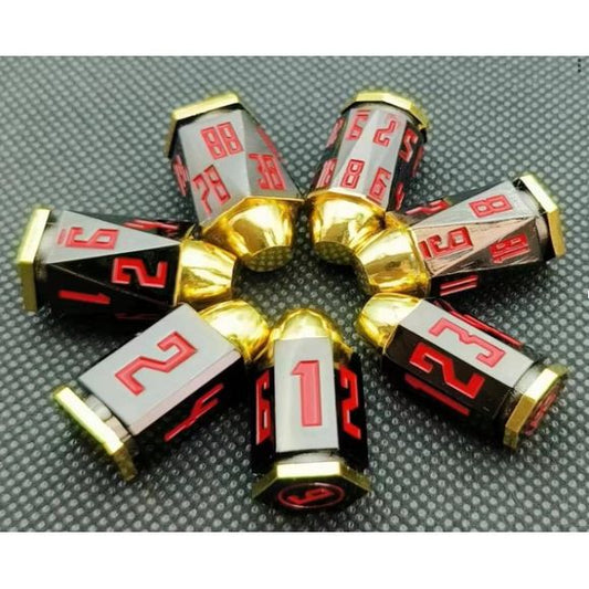 The perfect companion for your gaming needs! These premium, high-end metal bullet dice are exactly what you've been searching for that upcoming game night with the group. These dice are quality metal with nice weight to them and engraved each with crisp, easy-to-read numerals. Many styles and colors are available.
This set includes one of each: d20, d12, d10, d10 (percentile), d8, d6, and a d4 (7 dice in total)!