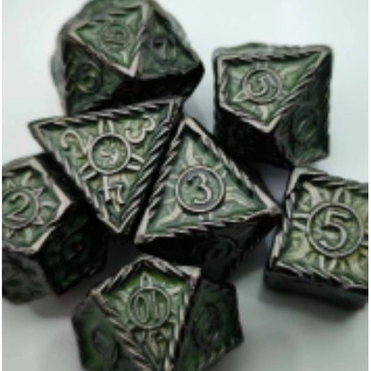 The perfect companion for your gaming needs! These premium die-cast polyhedral dice are exactly what you've been searching for that upcoming game night with the group. Stored in a quality, brushed metal tin with foam insert. These dice are a rich metal with nice weight to them and engraved each with crisp, easy-to-read numerals. Many styles and colors are available.
This set includes one of each: d20, d12, d10, d10 (percentile), d8, d6, and a d4 (7 dice in total). All inside the Galactic Toys Dice Tin.