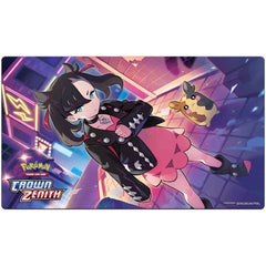A colorful playmat featuring artwork of Morpeko and Marnie