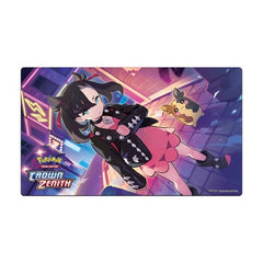 A colorful playmat featuring artwork of Morpeko and Marnie