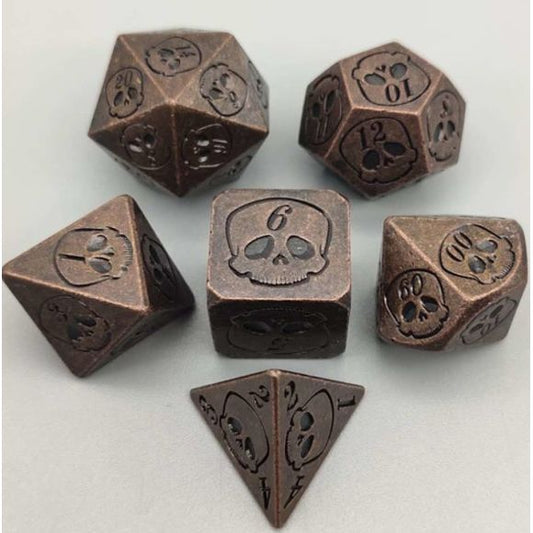 The perfect companion for your gaming needs! These premium die-cast polyhedral dice are exactly what you've been searching for that upcoming game night with the group. Stored in a quality, brushed metal tin with foam insert. These dice are a rich metal with nice weight to them and engraved each with crisp, easy-to-read numerals. Many styles and colors are available.
This set includes one of each: d20, d12, d10, d10 (percentile), d8, d6, and a d4 (7 dice in total). All inside the Galactic Toys Dice Tin.