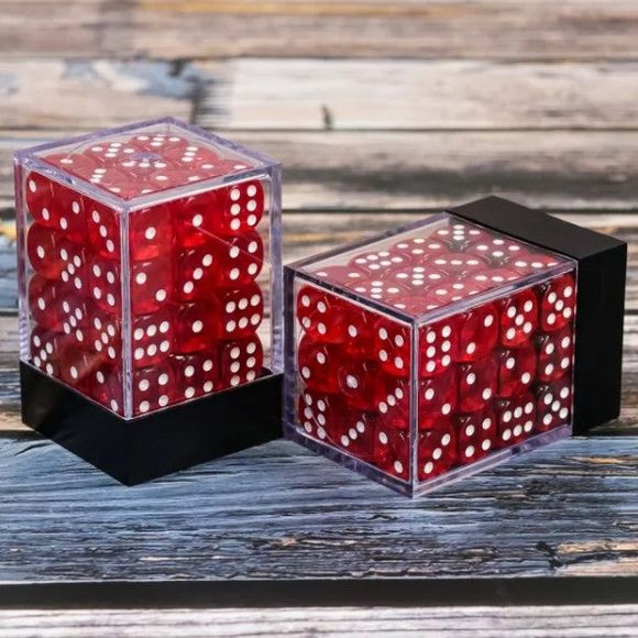 36 individual D6 dice in a container.