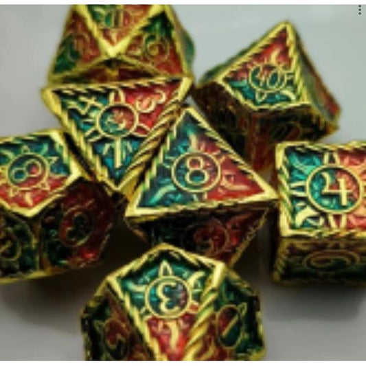 The perfect companion for your gaming needs! These premium die-cast polyhedral dice are exactly what you've been searching for that upcoming game night with the group. Stored in a quality, brushed metal tin with foam insert. These dice are a rich metal with nice weight to them and engraved each with crisp, easy-to-read numerals. Many styles and colors are available.
This set includes one of each: d20, d12, d10, d10 (percentile), d8, d6, and a d4 (7 dice in total). All inside the Galactic Toys Dice Tin.