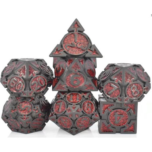 The perfect companion for your gaming needs! These premium die-cast polyhedral dice are exactly what you've been searching for that upcoming game night with the group. Stored in a quality, brushed metal tin with foam insert. These dice are a rich metal with nice weight to them and engraved each with crisp, easy-to-read numerals. Many styles and colors are available.
This set includes one of each: d20, d12, d10, d10 (percentile), d8, d6, and a d4 (7 dice in total). All inside the Galactic Toys Dice Tin.