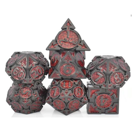 The perfect companion for your gaming needs! These premium die-cast polyhedral dice are exactly what you've been searching for that upcoming game night with the group. Stored in a quality, brushed metal tin with foam insert. These dice are a rich metal with nice weight to them and engraved each with crisp, easy-to-read numerals. Many styles and colors are available.
This set includes one of each: d20, d12, d10, d10 (percentile), d8, d6, and a d4 (7 dice in total). All inside the Galactic Toys Dice Tin.