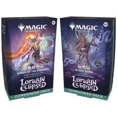 Release Date: Jan 22, 2026
This bundle includes 1 of each Lorwyn Eclipsed Commander Deck, with 1 Dance of the Elements deck and 1 Blight Curse deck. Each deck includes:
1 ready-to-play deck of 100 Magic cards
12 new-to-Magic cards, including 2 traditional foil mythic rare cards
10 double-sided token cards
Deck box
Strategy insert
Reference card
Punchout counter card