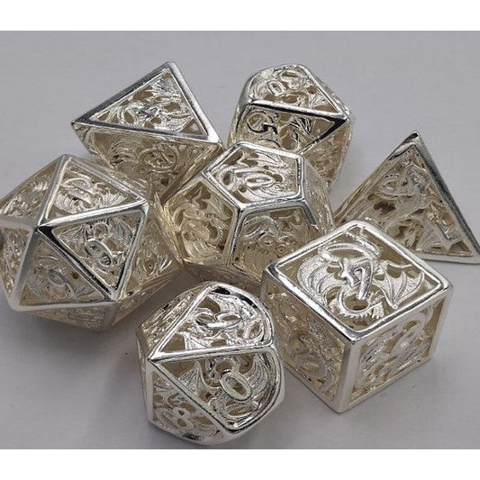 The perfect companion for your gaming needs! These premium dice are exactly what you've been searching for that upcoming game night with the group. Stored in a quality, brushed metal tin with foam insert. These dice are engraved with crisp, easy-to-read numerals. Many styles and colors are available.
This set includes on of each: d20, d12, d10, d10 (percentile), d8, d6, and a d4 (7 dice in total). All inside the Galactic Toys Dice Tin.