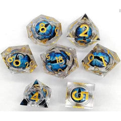 The perfect companion for your gaming needs! These premium, high-end resin are exactly what you've been searching for that upcoming game night with the group. These dice are quality resin with nice weight to them and engraved each with crisp, easy-to-read numerals. Many styles and colors are available.
This set includes one of each: d20, d12, d10, d10 (percentile), d8, d6, and a d4 (7 dice in total)!
WARNING: These dice are extra sharp! Use with caution