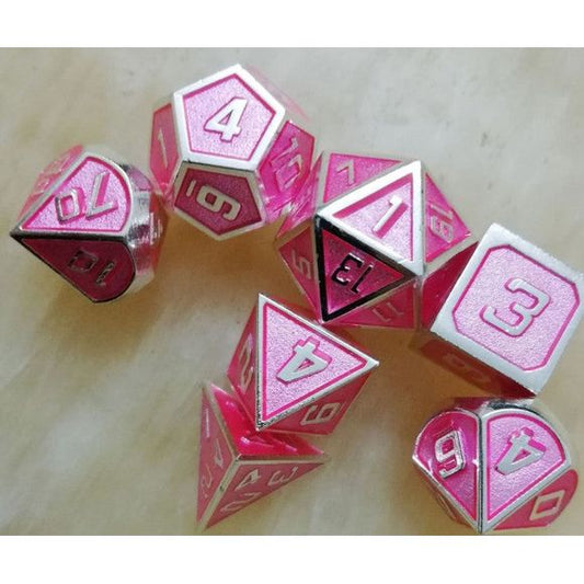 The perfect companion for your gaming needs! These premium die-cast polyhedral dice are exactly what you've been searching for that upcoming game night with the group. Stored in a quality, brushed metal tin with foam insert. These dice are a rich metal with nice weight to them and engraved each with crisp, easy-to-read numerals. Many styles and colors are available.
This set includes one of each: d20, d12, d10, d10 (percentile), d8, d6, and a d4 (7 dice in total). All inside the Galactic Toys Dice Tin.