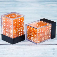 36 individual D6 dice in a container.