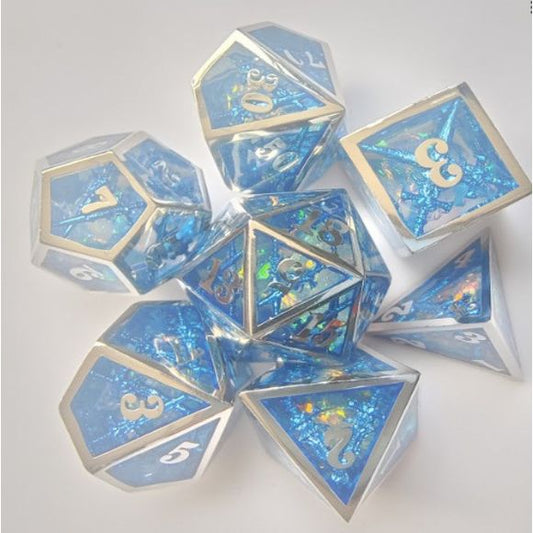 The perfect companion for your gaming needs! These premium dice are exactly what you've been searching for that upcoming game night with the group. Stored in a quality, brushed metal tin with foam insert. These dice are engraved with crisp, easy-to-read numerals. Many styles and colors are available.
This set includes on of each: d20, d12, d10, d10 (percentile), d8, d6, and a d4 (7 dice in total). All inside the Galactic Toys Dice Tin.
