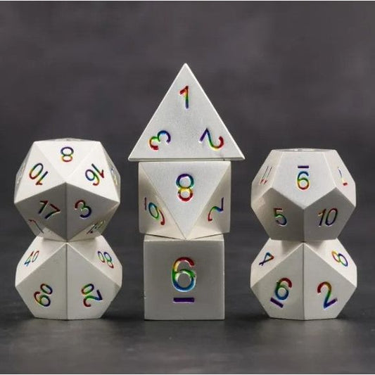 The perfect companion for your gaming needs! These premium die-cast polyhedral dice are exactly what you've been searching for that upcoming game night with the group. Each set weighs roughly 5 ounces and are stored in a quality, brushed metal tin with foam insert. These dice are engraved with crisp, easy-to-read numerals. Many styles and colors are available.
This set includes one of each: d20, d12, d10, d10 (percentile), d8, d6, and a d4 (7 dice in total). All inside a premium Dice Tin.