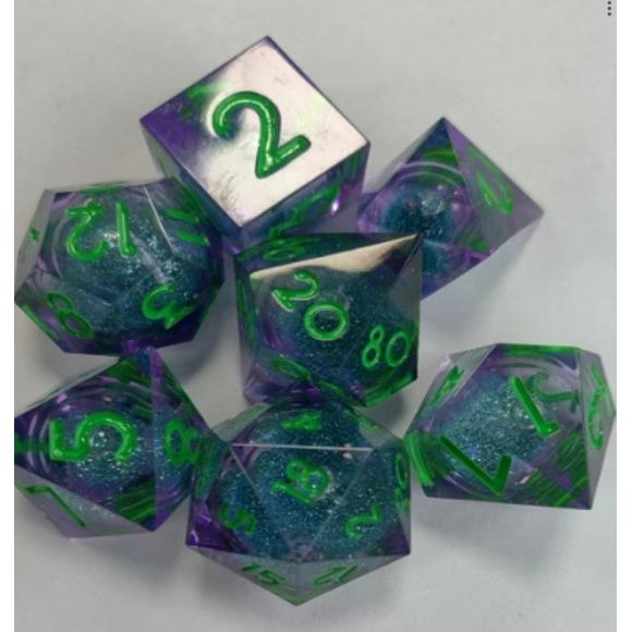 The perfect companion for your gaming needs! These premium, high-end resin are exactly what you've been searching for that upcoming game night with the group. These dice are quality resin with nice weight to them and engraved each with crisp, easy-to-read numerals. Many styles and colors are available.
This set includes one of each: d20, d12, d10, d10 (percentile), d8, d6, and a d4 (7 dice in total)!
WARNING: These dice are extra sharp! Use with caution
