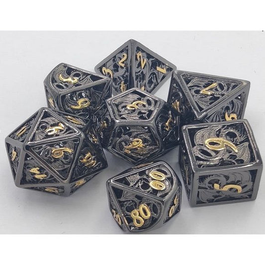 The perfect companion for your gaming needs! These premium dice are exactly what you've been searching for that upcoming game night with the group. Stored in a quality, brushed metal tin with foam insert. These dice are engraved with crisp, easy-to-read numerals. Many styles and colors are available.
This set includes on of each: d20, d12, d10, d10 (percentile), d8, d6, and a d4 (7 dice in total). All inside the Galactic Toys Dice Tin.