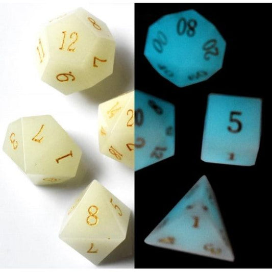 The perfect companion for your gaming needs! These premium, high-end cut stone polyhedral dice are exactly what you've been searching for that upcoming game night with the group. Each set weighs roughly 8 ounces and are stored in a quality, brushed metal tin with foam insert. These dice are a rich quality stone with nice weight to them and engraved each with crisp, easy-to-read numerals. Many styles and colors are available.
This set includes one of each: d20, d12, d10, d10 (percentile), d8, d6, and a d4 (