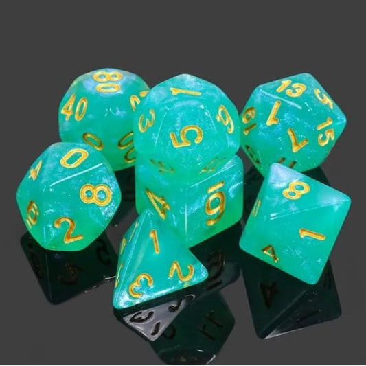 Galactic Dice Acrylic HD Dice Sets - Teal Water (Jade & Gold) Set of 7 Dice