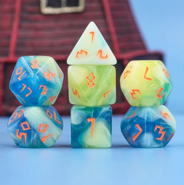 A 7 pcs Polyhedral dice set used for Dungeons and Dragons, MTG , RPG Games etc.
The dice included are 1- D4,1- D6,1- D8,1- D10,1- D00,1- D12, and 1- D20