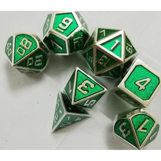 The perfect companion for your gaming needs! These premium die-cast polyhedral dice are exactly what you've been searching for that upcoming game night with the group. Stored in a quality, brushed metal tin with foam insert. These dice are a rich metal with nice weight to them and engraved each with crisp, easy-to-read numerals. Many styles and colors are available.
This set includes one of each: d20, d12, d10, d10 (percentile), d8, d6, and a d4 (7 dice in total). All inside the Galactic Toys Dice Tin.