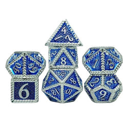 The perfect companion for your gaming needs! These premium die-cast polyhedral dice are exactly what you've been searching for that upcoming game night with the group. Stored in a quality, brushed metal tin with foam insert. These dice are a rich metal with nice weight to them and engraved each with crisp, easy-to-read numerals. Many styles and colors are available.
This set includes one of each: d20, d12, d10, d10 (percentile), d8, d6, and a d4 (7 dice in total). All inside the Galactic Toys Dice Tin.