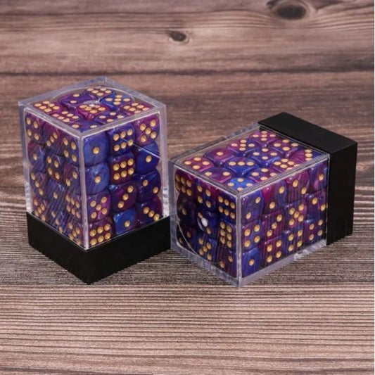 36 individual D6 dice in a container.