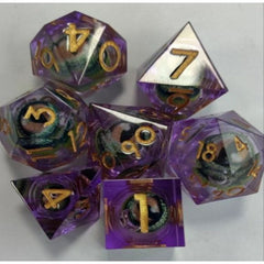 The perfect companion for your gaming needs! These premium, high-end resin are exactly what you've been searching for that upcoming game night with the group. These dice are quality resin with nice weight to them and engraved each with crisp, easy-to-read numerals. Many styles and colors are available.
This set includes one of each: d20, d12, d10, d10 (percentile), d8, d6, and a d4 (7 dice in total)!
WARNING: These dice are extra sharp! Use with caution