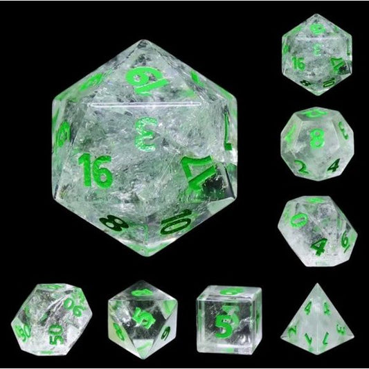 The perfect companion for your gaming needs! Made of authentic natural clear quartz. These premium stone dice are exactly what you've been searching for that upcoming game night with the group. 
This set includes on of each: d20, d12, d10, d10 (percentile), d8, d6, and a d4 (7 dice in total). All inside the Galactic Toys Dice Tin.