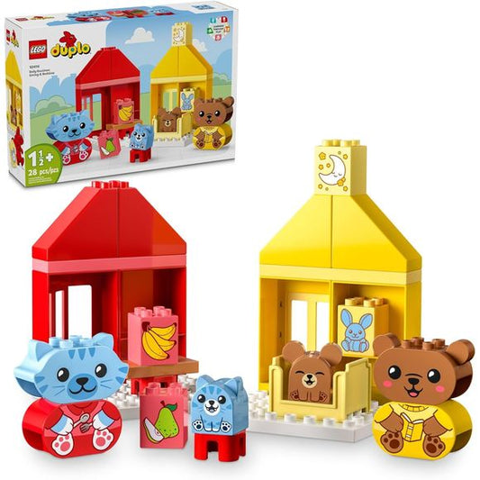 Help toddlers explore their feelings with the LEGO DUPLO My First Daily Routines: Eating & Bedtime (10414) toy. This fun, hands-on toy for preschool kids ages 18 months and up comes with 4 animal toys. Bedtime and mealtimes can be emotional for little ones, but this early-learning house toy lets toddlers express how they feel during these activities. The set comes with 2 cute animal families, both of which include a grown-up and a child. The kitten and bear cub figures come with face bricks with 2 expressio
