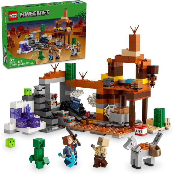 The Badlands Mineshaft (21263) building set is a hands-on video game toy for Minecraft players. This versatile mining exploration set for kids features popular Minecraft minifigures and mob characters and makes a great birthday gift for boys and girls ages 8 and up who enjoy adventure filled building brick toys. Kids join the Badlands Explorer in an abandoned mine in the Badlands biome, where they place TNT among the stone and operate an explode function to reveal copper, gold, redstone and amethyst crystal
