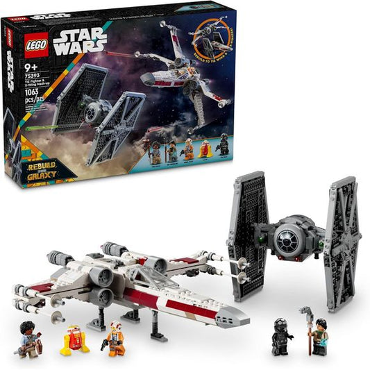 Recreate mash-up starfighters from the LEGO Star Wars: Rebuild the Galaxy Disney+ special with this TIE Fighter & X-Wing Mash-up (75393) building toy playset for boys and girls. A cool LEGO Star Wars birthday gift for kids or any fan, this set features a ‘TIE-wing’ and ‘X-fighter’, each with an opening cockpit for a LEGO minifigure and 2 spring-loaded shooters. Simply remove the locking pins to detach the wings from the hull of each buildable starfighter toy and rebuild to create the familiar, iconic TIE fi