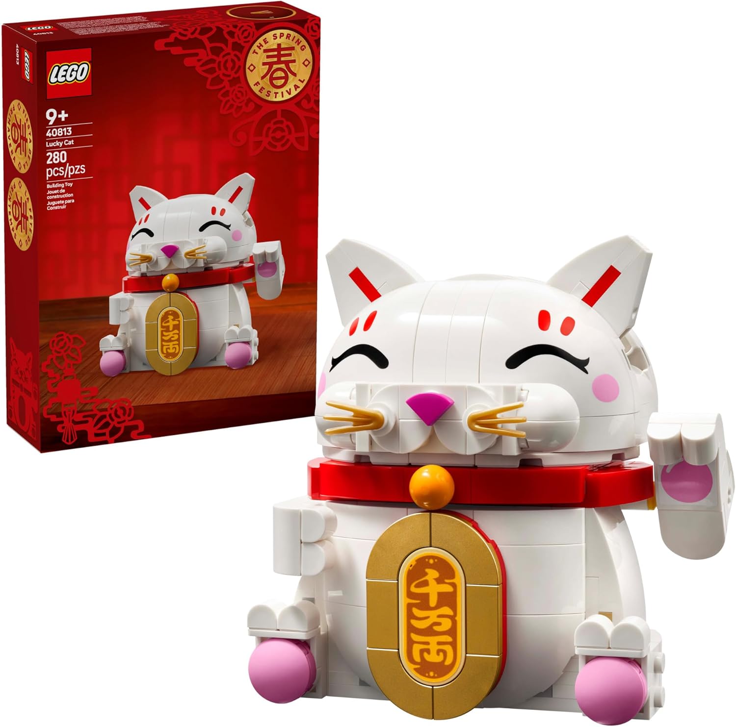 Honor the traditions of the Spring Festival with the LEGO Lucky Cat (40813) building toy for boys and girls ages 9 years old and up. This building set lets kids construct an authentic beckoning cat figure, an iconic symbol said to bring good luck, prosperity and fortune into the home. Once their Lucky Cat is constructed, builders can add the smiling eyes, whiskers, blushing cheeks, paw pads and tail, then choose to decorate the tummy panel with either the gold coin decoration or the written wish for good fo