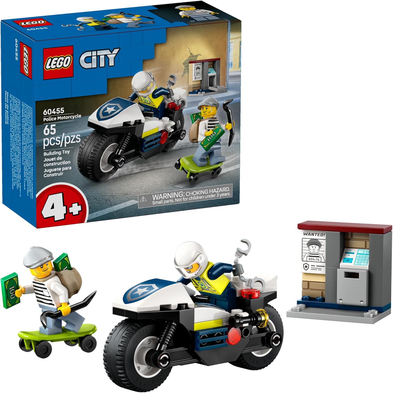 Young crime fighters 4 years old and up can help the police officer minifigure catch a sneaky crook minifigure with the LEGO City Police Motorcycle Chase (60455) building toy. Kids will love constructing the fast police motorcycle (with wide tires built for pursuit) as well as the crook's quick getaway skateboard, then imagining high-speed escapes through the city streets. The detailed mini-ATM opens to reveal a toy money inside, setting the stage for thrilling crime-stopping missions. Little builders can c