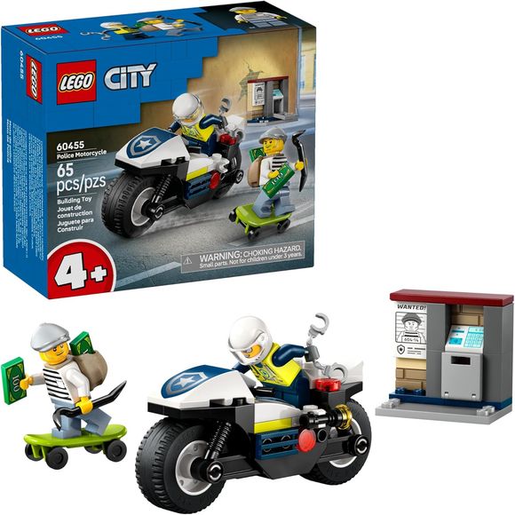 Young crime fighters 4 years old and up can help the police officer minifigure catch a sneaky crook minifigure with the LEGO City Police Motorcycle Chase (60455) building toy. Kids will love constructing the fast police motorcycle (with wide tires built for pursuit) as well as the crook's quick getaway skateboard, then imagining high-speed escapes through the city streets. The detailed mini-ATM opens to reveal a toy money inside, setting the stage for thrilling crime-stopping missions. Little builders can c