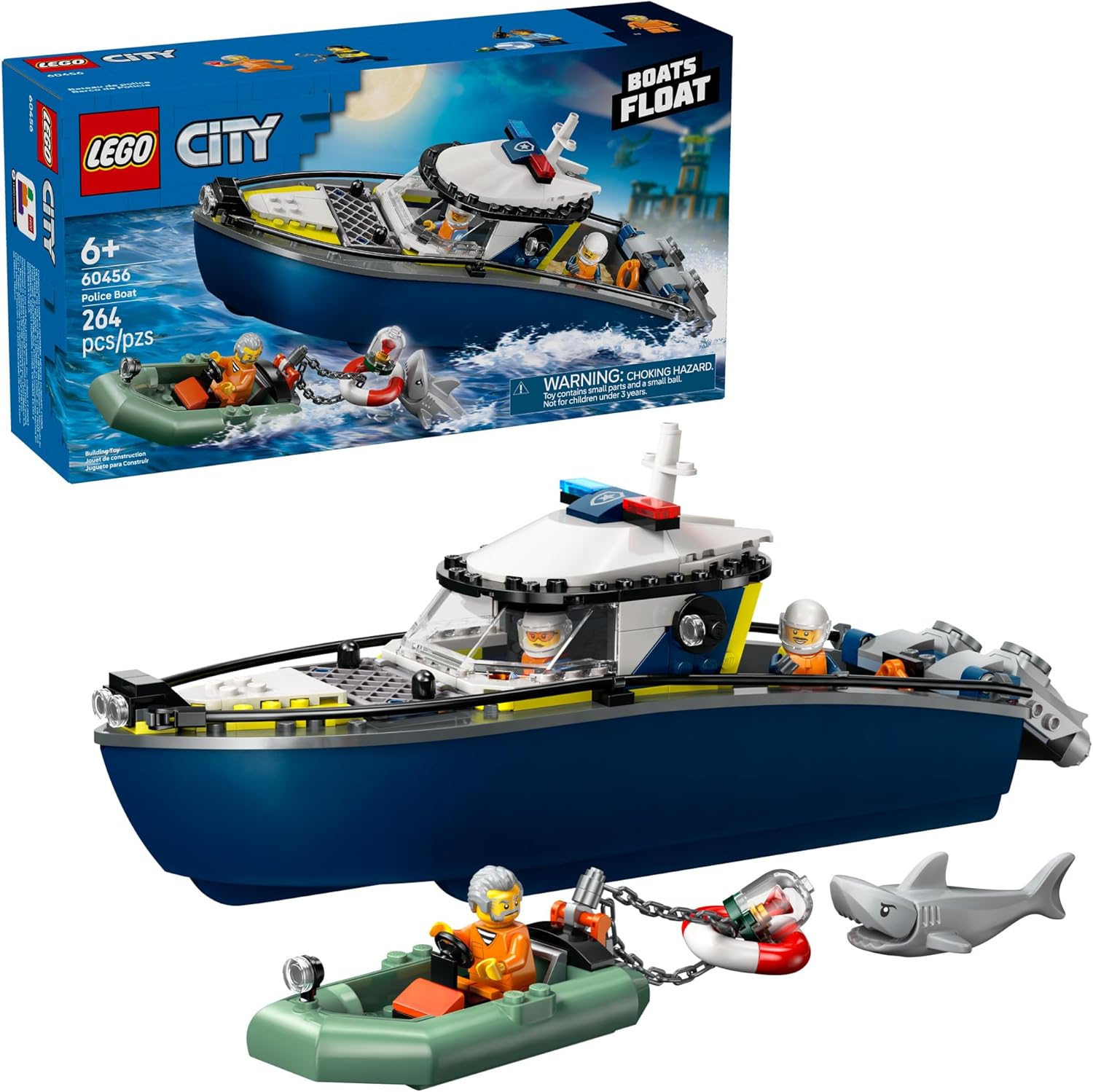 Budding everyday heroes will love this LEGO® City Police Boat Chase (60456) playset. Perfect for builders aged 6 and up, this set features a toy police boat with twin outboard engines and an onboard holding cell, plus a crook’s power dinghy. Kids can float both boats on water and dive into exciting police-chase adventures with 2 police officers, a crook, a snappy shark and a stolen ruby! This LEGO City building set includes a step-by-step printed building guide and digital instructions in the LEGO Builder a