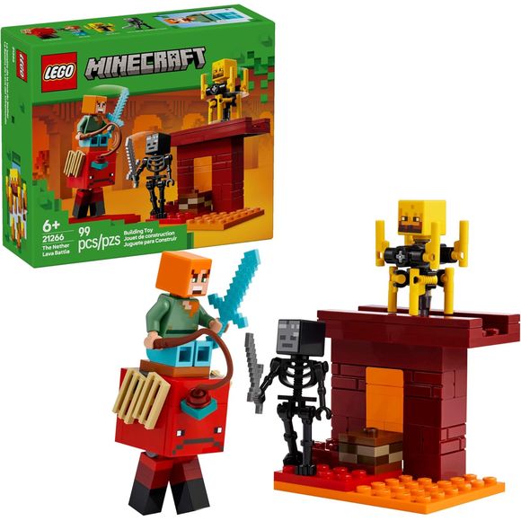 Boys and girls ages 6 and up get to experience a build-and-play version of a popular video game with the LEGO Minecraft The Nether Lava Battle (21266) toy building set. This versatile LEGO Minecraft set features popular gaming figures, fun features and action-packed adventures for hours of pretend play. Kids can join Minecraft action hero Alex on a mission to remove ancient debris from a section of the Nether fortress bridge located in the crimson forest. When the debris is removed, lava elements cascade do